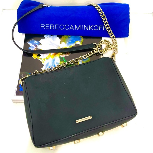 Rebecca Minkoff Black Leather & Gold Chain Crossbody Bag - Picture 3 of 7